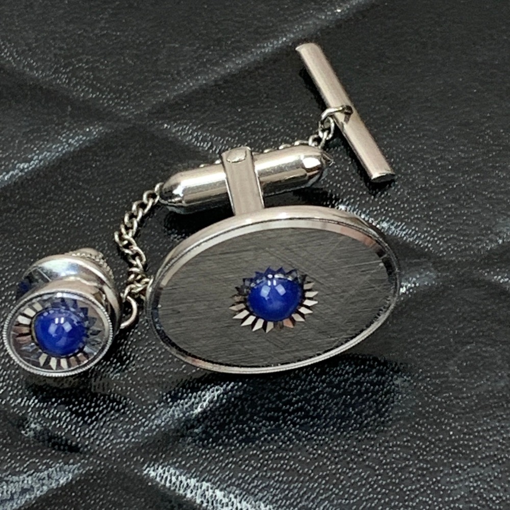 Vintage Silver Tone Tie Tack Clutch Pin & Cufflink with Blue Textured Detailing